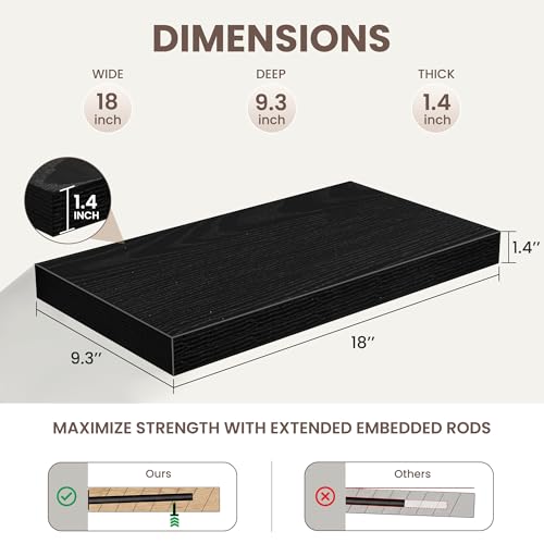 Acovy Floating Shelves for Wall,18 Inch Black Wall Shelves Set of 2,9.3" Deep Floating Shelf with Invisible Bracket,Wall Mounted Storage Shelf for Farmhouse Home Decor,Living Room,Bedroom,Bathroom - color: Black, size: 18 Inch,Set of 2