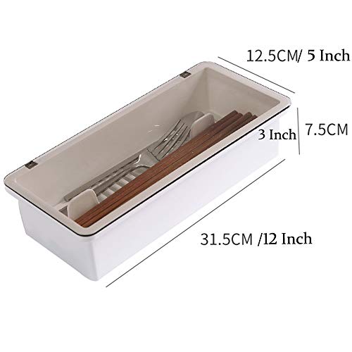 Large Flatware Tray Kitchen Drawer Organizer With Lid And Drainer - Plastic Kitchen Cutlery Tray and Utensil Storage Container with Cover - Dinnerware Holder White - color: White+gray