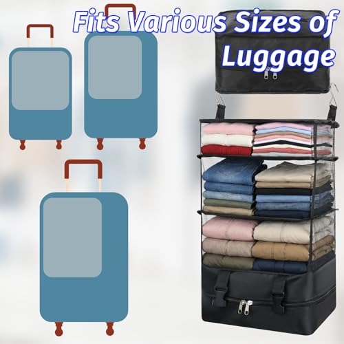 4 Shelve Portable Hanging Travel Shelves, Suitcase Organizer, Carry on Closet Luggage Organizers, Travel Bags Organizer for Luggage Compression Foldable and Hangable for Carry on Suitcase