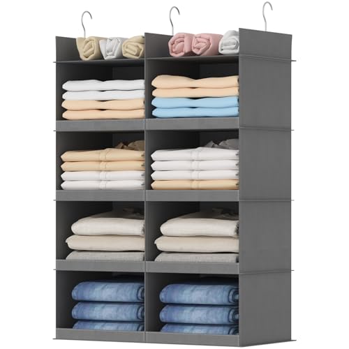 Lifewit Dual-Row Shelf Hanging Closet Organizer and Storage, Clothes Shelves with 3 Sturdy Hooks for Clothing Organization, Foldable Container Hold Up to 24 Sweaters, 4 Tier 8 Sections, Gray - color: Grey, size: 4-Tier
