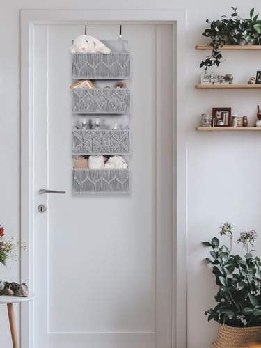 Macrame Over the Door Organizer Boho Decor Nursery Storage, Leaf Weaving Closet Storage, 4 Hanging Pockets, Behind Door for Bathroom, Bedroom,Grey - color: Grey