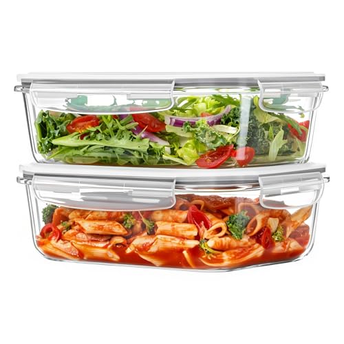 Vtopmart 2Pack 1500ml/50.7oz Large Glass Storage Containers with Lids, Meal Prep Food Container Set with Snap Airtight Lid for Baking, Microwave, Oven, Leak Proof, for Freezer, Dishwasher, Grey - color: Grey, size: 50.7oz