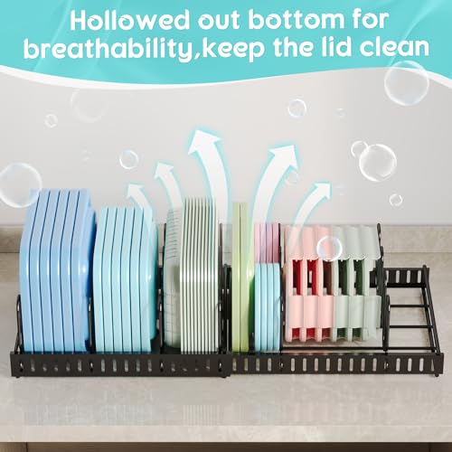 Expandable Food Container Lid Organizer,Large Capacity Adjustable 8 Dividers Detachable Lid Organizer Rack for Cabinets, Cupboards, Pantry Shelves, Drawers Keep Kitchen Tidy,Black 10.2”wide,3.6 Pound. - color: Black