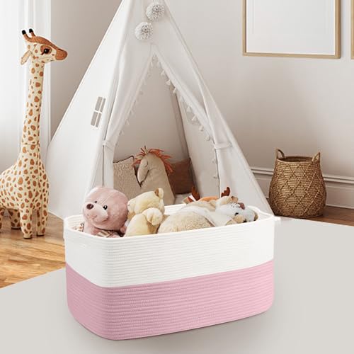 MEGASKET Large Pink Storage Basket, 22" x 17" x 12" Rectangle Cotton Rope Bin for Organizing, Woven Blanket storage for Living Room, Kids Toy Bin Box, Decorative Nursery Storage, Pink Room Decor - color: White & Pink