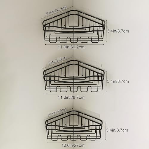 Black corner shower caddy with depth caddy and Built in 12 hooks rustproof wall mounted No drilling No marring adhesive bathtub corner storage for bathroom kitchen and laudry room - color: BLACK