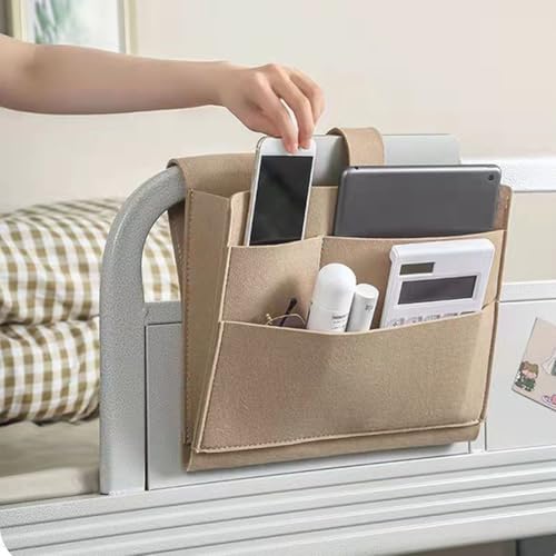 Felt Bedside Caddy, Large Bed Storage Organizer Hanging Bag Holder with Cord Slit,Magazine Book Phone and Remote Caddy for Bed Home Dorm Sofa,Bedside Pouch - color: Beige