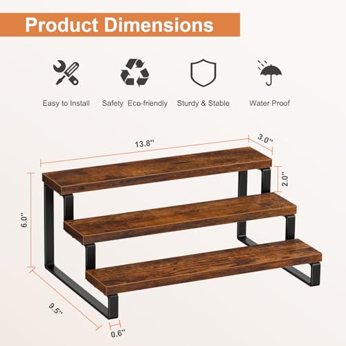 Giikin 3-Tier Spice Rack, 13.8 Inch Wood Countertop Spice Storage Holder, Kitchen Pantry Cabinet Organizer Cupboard for Spice Bottles, Jars, Seasonings, Baking Supplies, Metal Frame(Set of 2) - color: Rustic Brown, 3 Tier, 2 Pack, size: 3 Tier 2 Pack