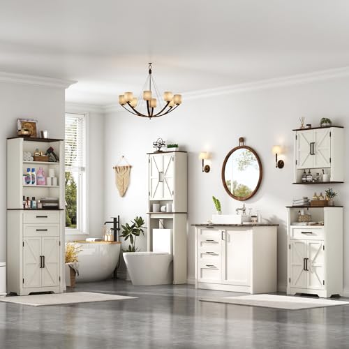 jiteentarou Farmhouse Bathroom Storage Cabinet,Over The Toilet Storage Cabinet with Roman Column Decor,Tall Over The Toilet Shelf with Barn Doors,Over Toilet Bathroom Organizer(Rustic White) - color: Rustic White, style: Toilet Storage Cabinet