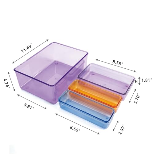 MOSSRIVER 4 Pack Clear Drawer Organizer Set, Plastic Desk Organizer Bin with Lid & Trays, Colorful Storage Box with Removable Trays for Cosmetics, Jewelry, Bedroom, Bathroom, Office, Combo 07 - color: Color 07