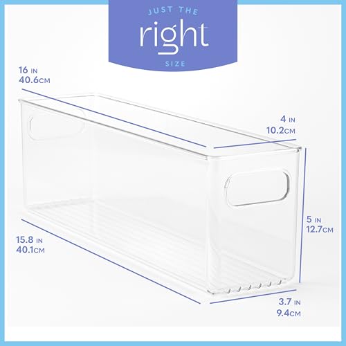 Plastic Food Storage 2 Pack Clear Container Bin with Handles for Organizing Kitchen, Pantry, Refrigerator, Freezer, Pantry, Cabinet, Closet, Bathroom. 16”x4”x5” - size: 16x4x5