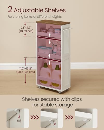 VASAGLE 4-Tier Slide-Out Storage Cart, Slim Kitchen Cart for Small Spaces, with Wheels, Handle, Bathroom, Laundry Room, 7.9 x 17 x 34.1 Inches, Rustic White and Honey Brown ULRC051K01 - color: Rustic White + Honey Brown, size: 7.9"d