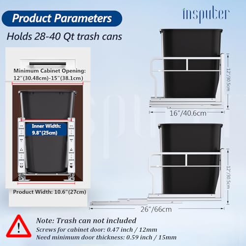 Insputer Pull Out Trash Can Under Cabinet with Soft-Close Slides, Heavy Duty Under Sink Trash Can Kit for Kitchen, Garbage Can Not Included, Requires Minimum Cabinets Opening 12" W X 18" D - size: Single
