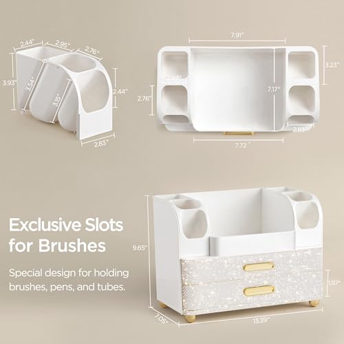 HBlife Makeup Organizer for Vanity with Brush Holder, Large Bathroom Countertop Cosmetic Organizer Skin Care Storage, Easy to Store Nail Polishes, Perfumes, Eyeshadow Palettes, Pearl All White - color: Pearl All White