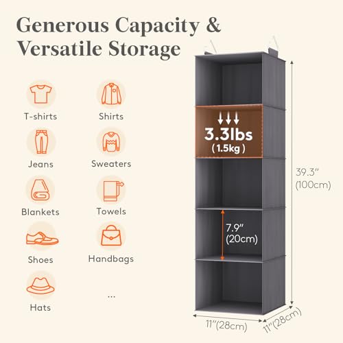 Lifewit 5 Tier Hanging Closet Organizer and Storage for Shelves, Foldable Clothes Shelf with 2 Sturdy Hooks, Sweater/Coat/Shoes Clothing Organization for Wardrobe, Dorm, Bedroom, Gray - color: Grey