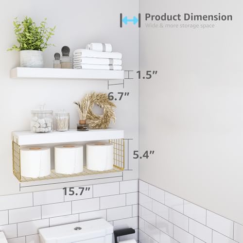 QEEIG Bathroom Shelves Over Toilet - Wall Mounted Floating Shelves Toilet Paper Storage Small Modern Decor Shelf 16 inch Set of 2, White and Gold (019-WG2) - color: G. White & Gold, size: 2pcs