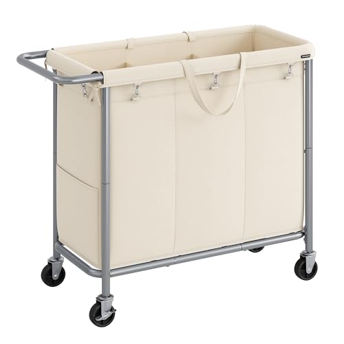 SONGMICS Laundry Basket with Wheels, 3-Section Rolling Laundry Hamper, 52.8 Gallons (200 L), Removable Liner, Steel Frame with Handle, 35.8 x 15.4 x 31.9 Inches, Cream White URLS005W01 - color: Cream White, size: 200 L (3-Section), style: Rectangular with