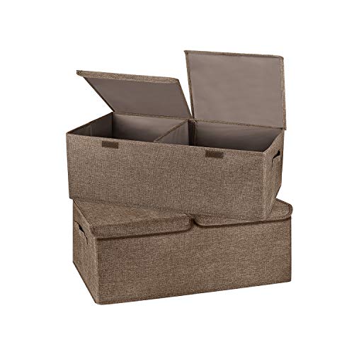 2 Pack Storage Boxes with Lids and Handles, Collapsible Linen Storage Bins Organizer Containers Baskets Cube with Removable Divider for Home Bedroom Closet Office (Coffee, Small) - color: Coffee, size: Small