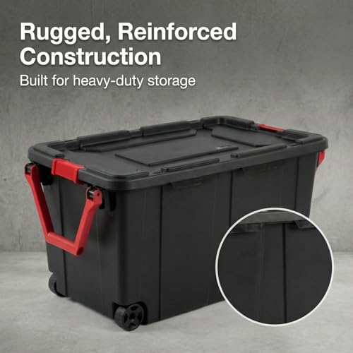 40 Gallon Wheeled Storage Tote with Lid – Heavy Duty Rolling Storage Bin with Ergonomic Handle & Secure Latches – Large Plastic Stackable Container for Garage Basement Workshop (Black) - size: Black