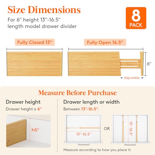 Lifewit 6" High 8 Pack Bamboo Drawer Dividers 33-42cm/13-16.5" Adjustable Wooden Drawer Organizer for Clothes/Utensils, Expandable Drawer Separator for Dresser/Kitchen/Bedroom/Office Organization - size: 6"H, 13-16.5"L