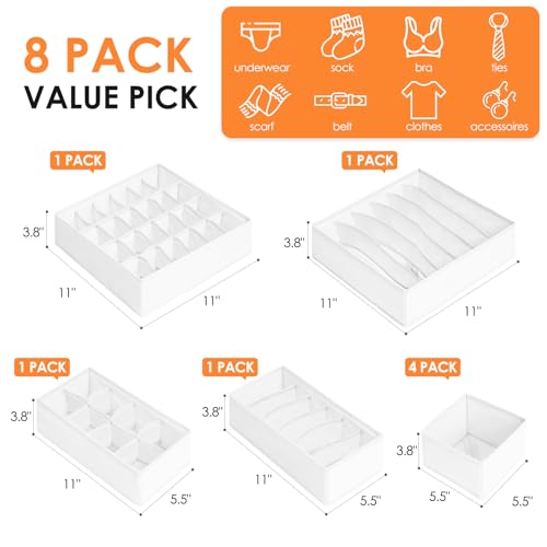 Criusia Drawer Organizer Clothes, 8 Pack Dresser Organizer Bins for Baby Clothes, Underwear Sock, Fabric Closet Organization and Storage Dividers for Nursery Bedroom (96 Compartments, White) - color: White, size: 8 Pack