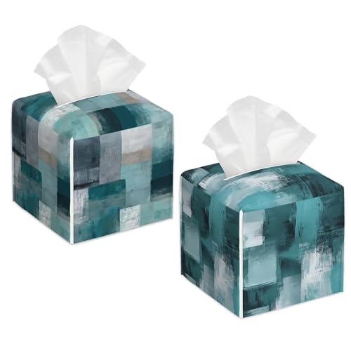 2 Pcs Abstract Grunge Blue Tissue Box Cover Leather Tissue Box Holder Square Facial Paper Organizer Dispenser for Bedroom Dresser Night Stand Office Desk - color: Abstract Grunge Blue