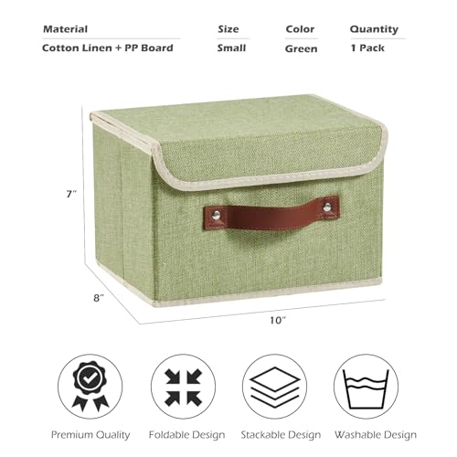 Storage Boxes with Lid Cotton Linen Fabric Storage Bins Organizer Container Decorative Collapsible Washable Shelf Baskets Faux Leather Handles for Home Bedroom Closet (Green, Small Size) - color: Green, size: Small (Set of 1)