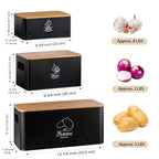 Potato Onion and Garlic Storage Bin Set of 3, Black Metal Kitchen Vegetable Canisters with Bamboo Lid and Aerating Holes, Stackable Kitchen Storage Tin for Countertop Pantry - color: B - Black Vegetable Canisters