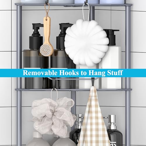 HuggieGems 4 Tier Floor Standing Corner Shower Caddy Organizer Shelf with Hooks, Bathroom Shelves Stand Rack, Dark Gray - color: Dark Gray, size: 4 Tier