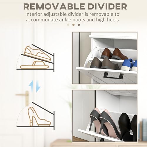HOMCOM Narrow Shoe Cabinet with 2 Flip Drawers, Modern Freestanding Shoe Storage Cabinet with Adjustable Shelves for Entryway, Hallway, White - color: White