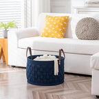 BOLDMONKEY Laundry Basket 20" x20 " x11.8 ",Extra Large Round Blanket Basket with Leather Handle, Felt Storage Basket for Living Room, Nursery, Dog Toys-Navy Blue - color: Navy Blue