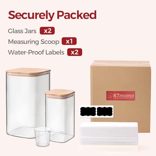 Glass Flour Sugar Storage Containers with Bamboo Lids & Measuring Scoop (1.6Qt/4.6Qt) - Wide Mouth Pantry Storage Containers for Kitchen Counter, Pantry Organization & Baking Essentials 2 pack - size: 2 pack（1.6/4.6 qt）