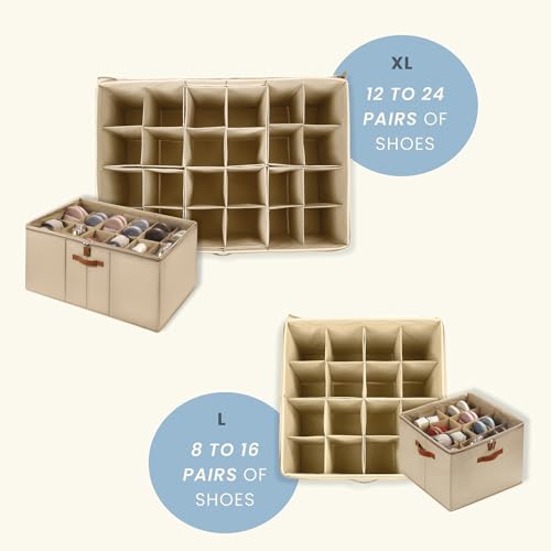OrganiHaus Large Shoe Storage Bin for Closet, Shoe Organizer Box Fits up to 16 Pairs, Collapsible Fabric Shoe Basket w/Clear Cover, Adjustable Dividers & Reinforced Handles, Brown - color: Brown