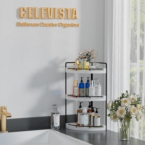 Corner Bathroom Counter Organizer, 3 Tier Bathroom Sink Shelf Countertop, Wood Vanity Skincare Storage for Toiletries Decor, Makeup, Dresser (White) - color: White