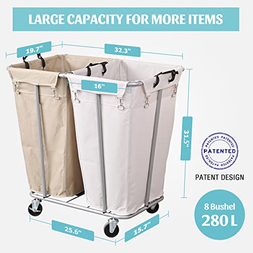 PLKOW Laundry Cart with Wheels 280L Large Laundry Sorter 2 Section for Commercial/Home, Rolling Laundry Cart with Steel Frame and Removable Bag, 8 Bushel, 32.3L x 19.7W x 31.5H Inch - color: Oat+White-280L