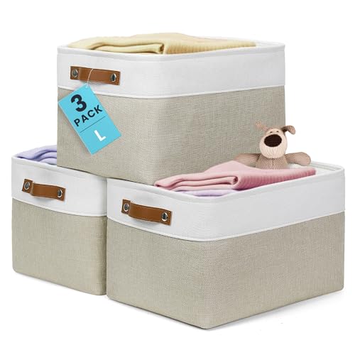 OrganiHaus Large Fabric Storage Baskets for Shelves 3 Pack, 15x11in Closet Storage Bins, Canvas Storage Bin for Organizing, Cloth Baskets, Linen Closet Organizers, Beige/Off-White - color: Beige / Off-White, size: Large - 3pc