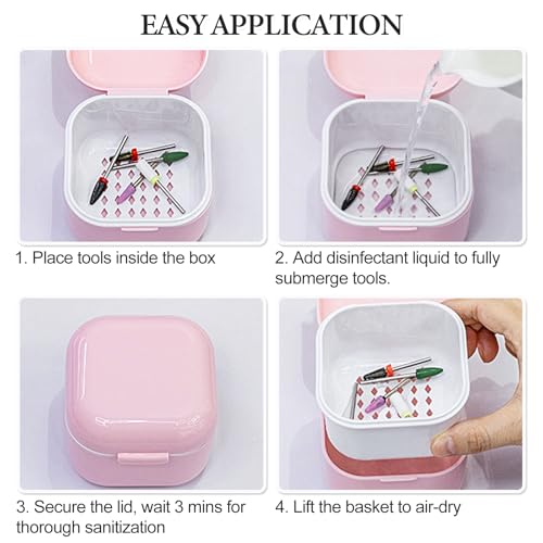 SUTOKAKA 1Pc Plastic Nail Tool Sterilizer Box Nail Drill Bits Cleaning Box Polishing Tools Soaking Tray Manicure Pedicure Storage Container Case - Pink (Pink, 3.15“x3.15“x2.75“) - color: Pink
