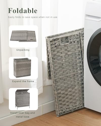 SETVSON Laundry Hamper with Lid, 112 L Handwoven Rattan Wicker Laundry Basket, 2 Removable Liner Bags Metal Heightened Feet, 6 Mesh Bags, 2 Section Large Clothes Hamper for Bathroom Bedroom, Gray - color: Gray, size: 112 L - 29.6 gal