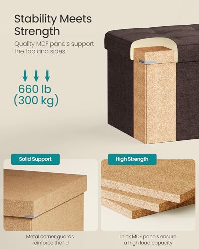 SONGMICS MAZIE Collection - 43 Inches Folding Storage Ottoman Bench, Ottoman Foot Rest, End of Bed Bench, Storage Chest, Load 660 lb, for Living Room, Bedroom, Entryway, Brown ULSF77BR - color: Brown, size: 15"D x 43"W x 15"H
