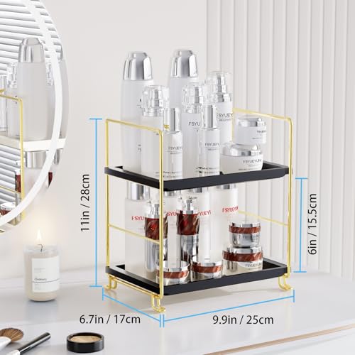 FSyueyun 2-Tier Bathroom Countertop Organizer, Tool-Less Installation Premium Plastics Makeup Shelf Organizer Perfume Skincare for Dresser Vanity Tray Organizers and Storage (Gold & Black) - color: Gold & Black