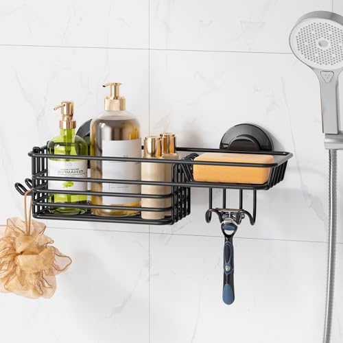 LEVERLOC Shower Caddy Suction Cup, Suction Caddy with Hooks and Soap Holder for Bathroom, No-Drilling Bathroom Shower Organizer, Black - color: Black, size: 1 × Medium