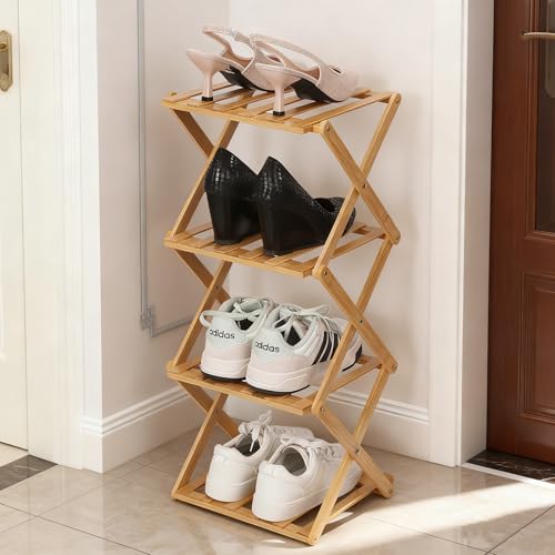 Bamboo Shoe Rack 4 Tier Foldable Shoe Rack Vertical Bamboo Shoe Organizer Free Standing Shelf for Entryway, Closet, Bedroom, Wood Color - color: Wood Color, size: 4-tier