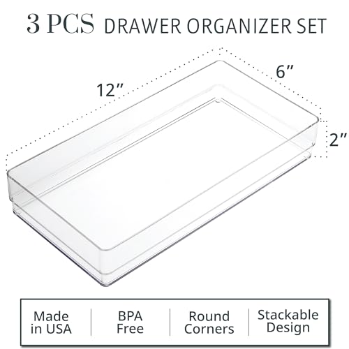 STORi SimpleSort 3-Piece Stackable Clear Drawer Organizer Set | 12" x 6" x 2" Rectangle Trays | Wide Makeup Vanity Storage Bins and Office Desk Drawer Dividers | Made in USA - size: 12x6x2"