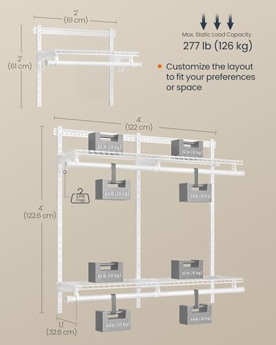 SONGMICS HOME Closet System, Closet Insert Organizer, 2-4 ft, Adjustable Metal Shelving Unit with 4 Hanging Rods, 4 Shelves, and Hooks, for Pantry Mudroom Garage Basement, Cloud White URGR031W01 - size: 2 Tier