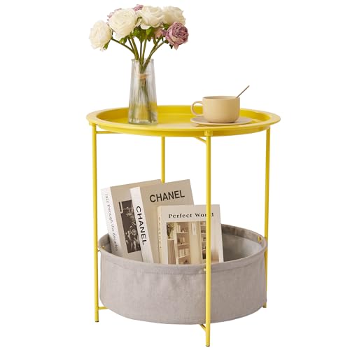 VECELO Round Side/End Table with Fabric Storage Basket，Metal Anti-Rust and Waterproof Small Bedside Nightstand with Removable Tray Top for Living Room，Balcony & Laundry，Yellow /1pcs with Basket - color: Yellow, size: 1 PCS with Basket
