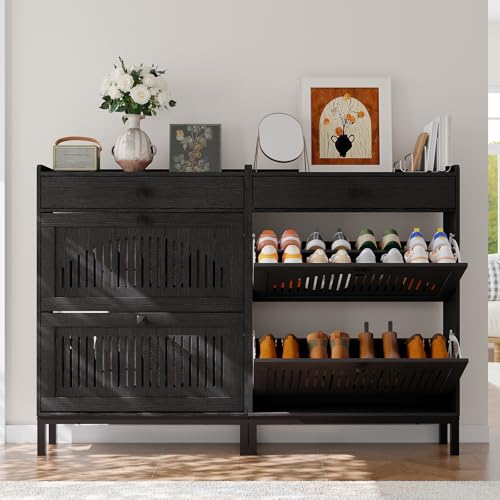 2-Door Flip Front Shoe Cabinet with Adjustable Shelves – Hidden Entryway Storage Organizer for Hallway, Foyer, Living Room – Freestanding Wooden Shoe Rack with Large Capacity & Modern Design, Black - color: Black, size: 9.45"D x 31.4"W x 43.4"H