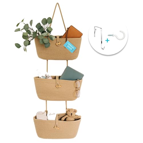OrganiHaus Over the Door Hanging Basket for Organizing, 3-Tier Hanging Wall Basket for Storage, Boho Nursery Decor for Wall, Behind Door Wall Storage, Wall Organizer for Office, Wall Toy Storage Honey - color: Full Honey