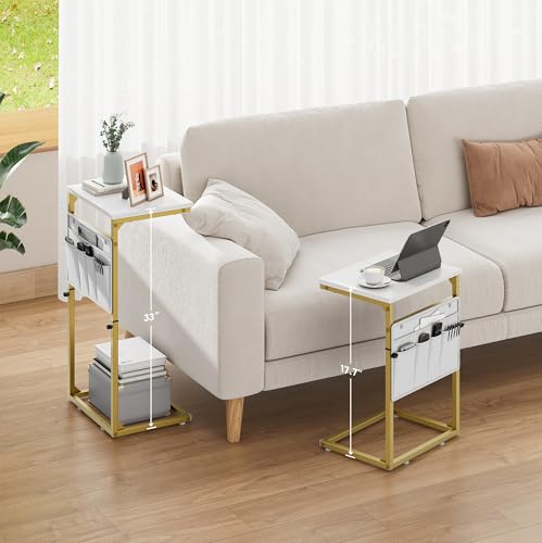 Vagusicc C Shaped End Table, 33'' Tall Side Table for Couch, Adjustable Height Small Couch Side Table for Small Spaces, C Table End Table Slide Under Sofa Table TV Tray Arm Table for Living Room - color: Golden