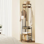 Coat Rack Freestanding, Coat Stand with Metal Basket and Storage Shelves, Hall Tree Free Standing With and 7 Hooks, Clothes Rack Stand Organizer, Rustic Brown and Black - color: Rustic Brown and Black, style: 2 Shelves + 1 Basket