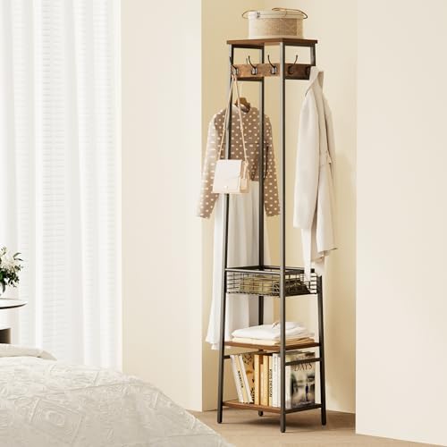Coat Rack Freestanding, Coat Stand with Metal Basket and Storage Shelves, Hall Tree Free Standing With and 7 Hooks, Clothes Rack Stand Organizer, Rustic Brown and Black - color: Rustic Brown and Black, style: 2 Shelves + 1 Basket