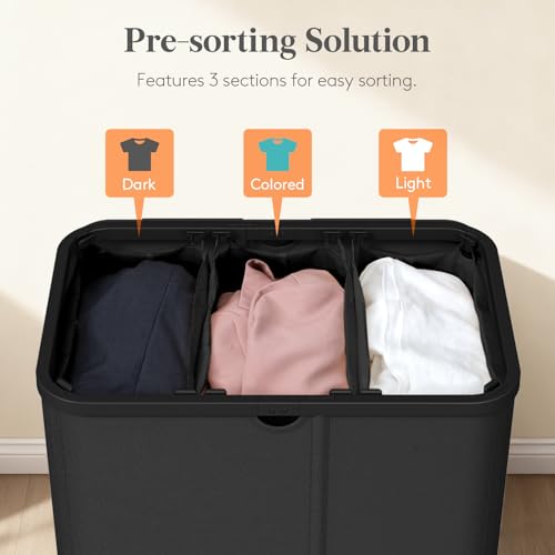 Lifewit 185L Large 3 Section Laundry Hamper with Lid, Plastic Laundry Basket with Bamboo Handles and Removable Bags, Tall Foldable Clothes Hamper for Bathroom Bedroom, Black - color: Black